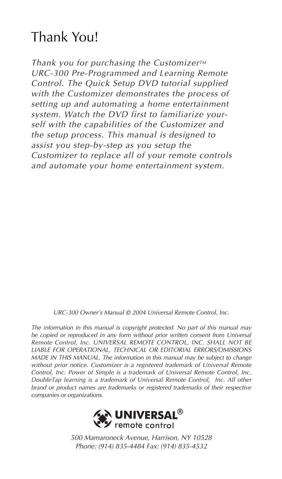 Universal Remote Control (URS) URC-300 User Manual | Page 2 / 56