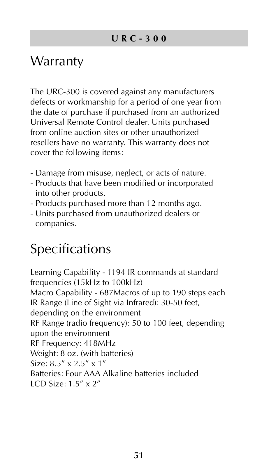 Warranty, Specifications | Universal Remote Control (URS) URC-300 User Manual | Page 53 / 56