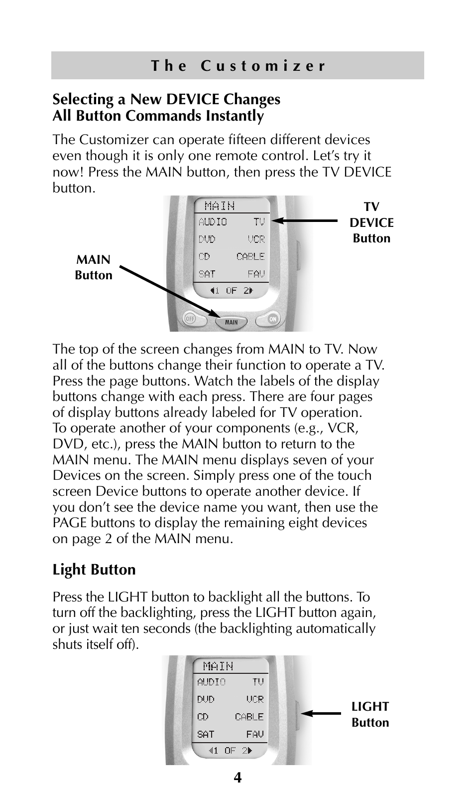 Light button | Universal Remote Control (URS) URC-300 User Manual | Page 6 / 56