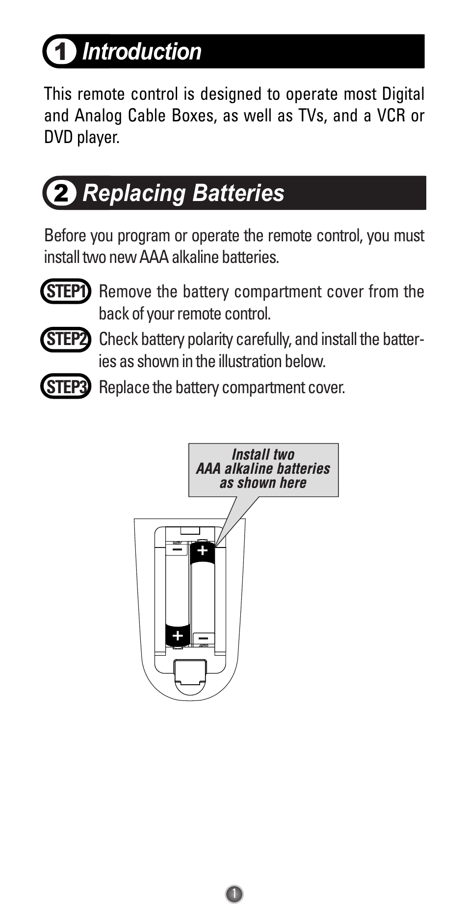 Introduction 1, Replacing batteries 2 | Universal Remote Control (URS) Easy Clicker UR3L-SR4 User Manual | Page 3 / 24