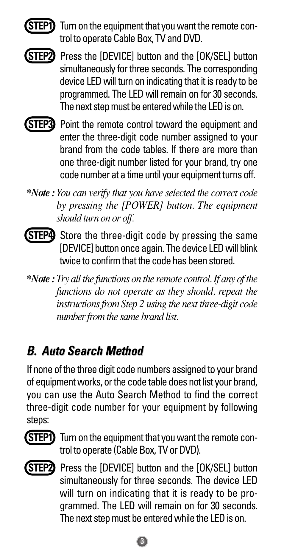 B. auto sear auto sear ch method ch method | Universal Remote Control (URS) Easy Clicker UR3L-SR4 User Manual | Page 5 / 24