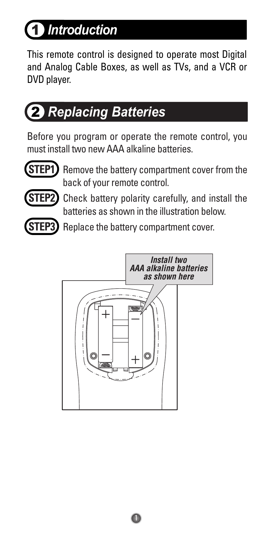 Introduction, Replacing batteries 2 | Universal Remote Control (URS) Easy Clicker UR3-SR3 User Manual | Page 3 / 24