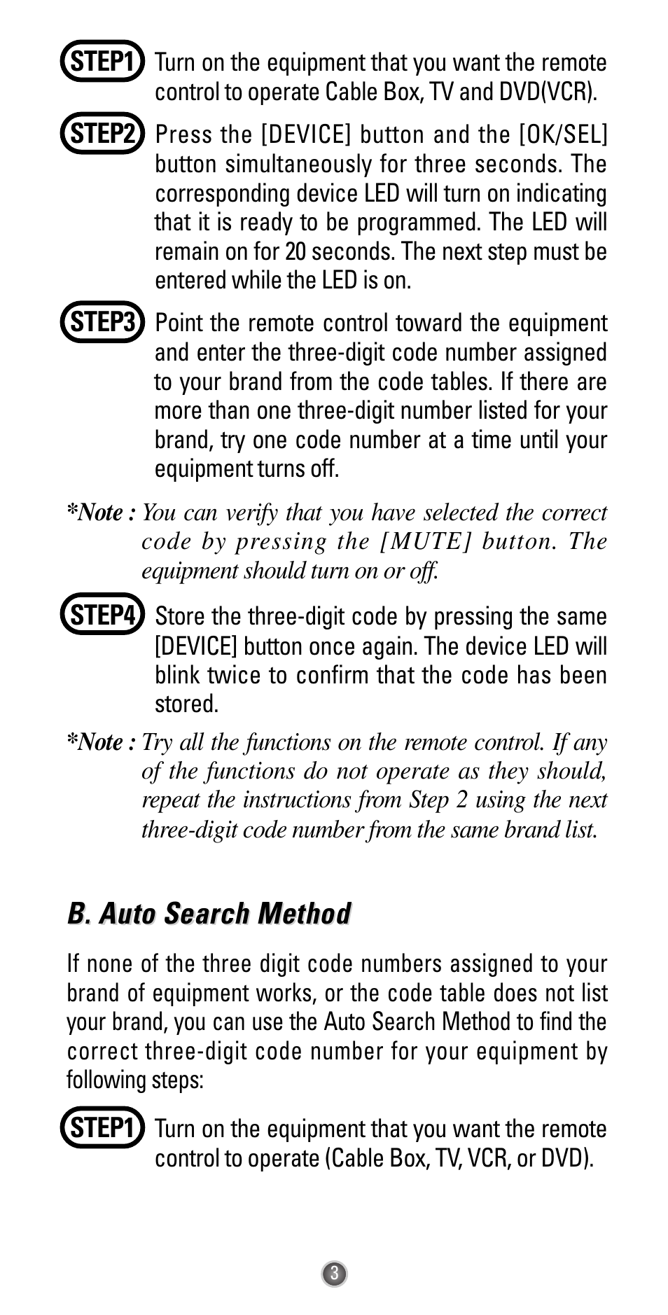 B. auto sear, B. auto sear ch method ch method | Universal Remote Control (URS) Easy Clicker UR3-SR3 User Manual | Page 5 / 24