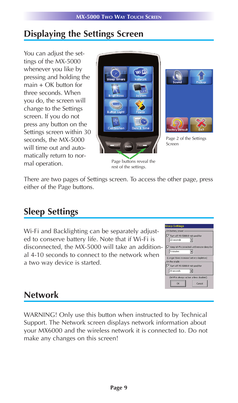 Displaying the settings screen, Sleep settings, Network | Universal Remote Control (URS) MX-5000 User Manual | Page 12 / 20