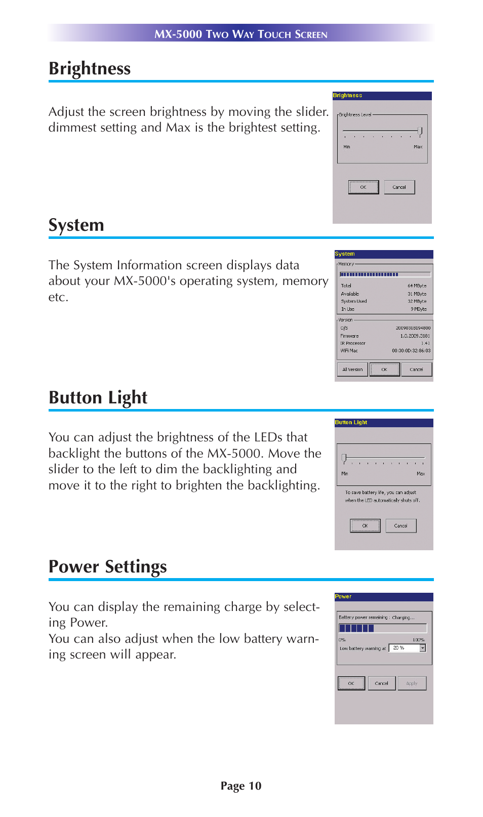 Brightness, System, Button light | Power settings | Universal Remote Control (URS) MX-5000 User Manual | Page 13 / 20