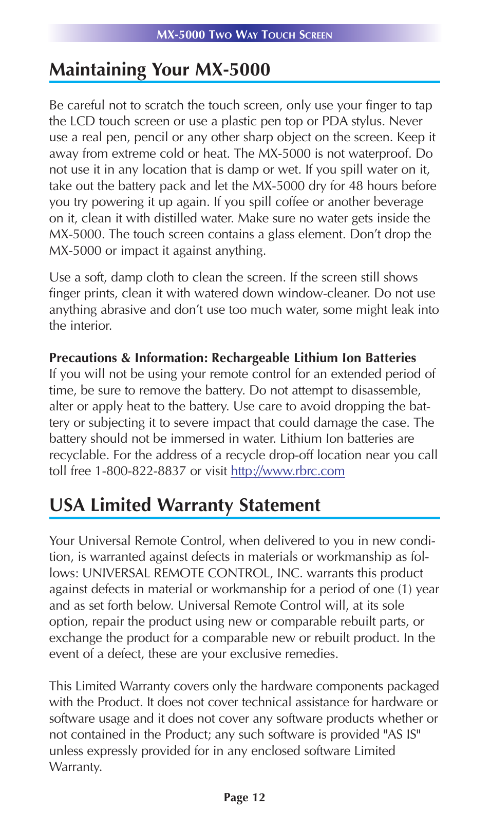 Maintaining your mx-5000, Usa limited warranty statement | Universal Remote Control (URS) MX-5000 User Manual | Page 15 / 20