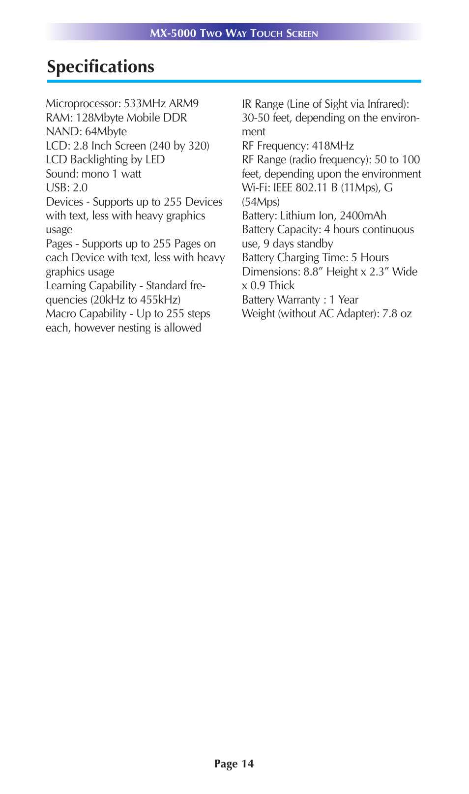 Specifications | Universal Remote Control (URS) MX-5000 User Manual | Page 17 / 20