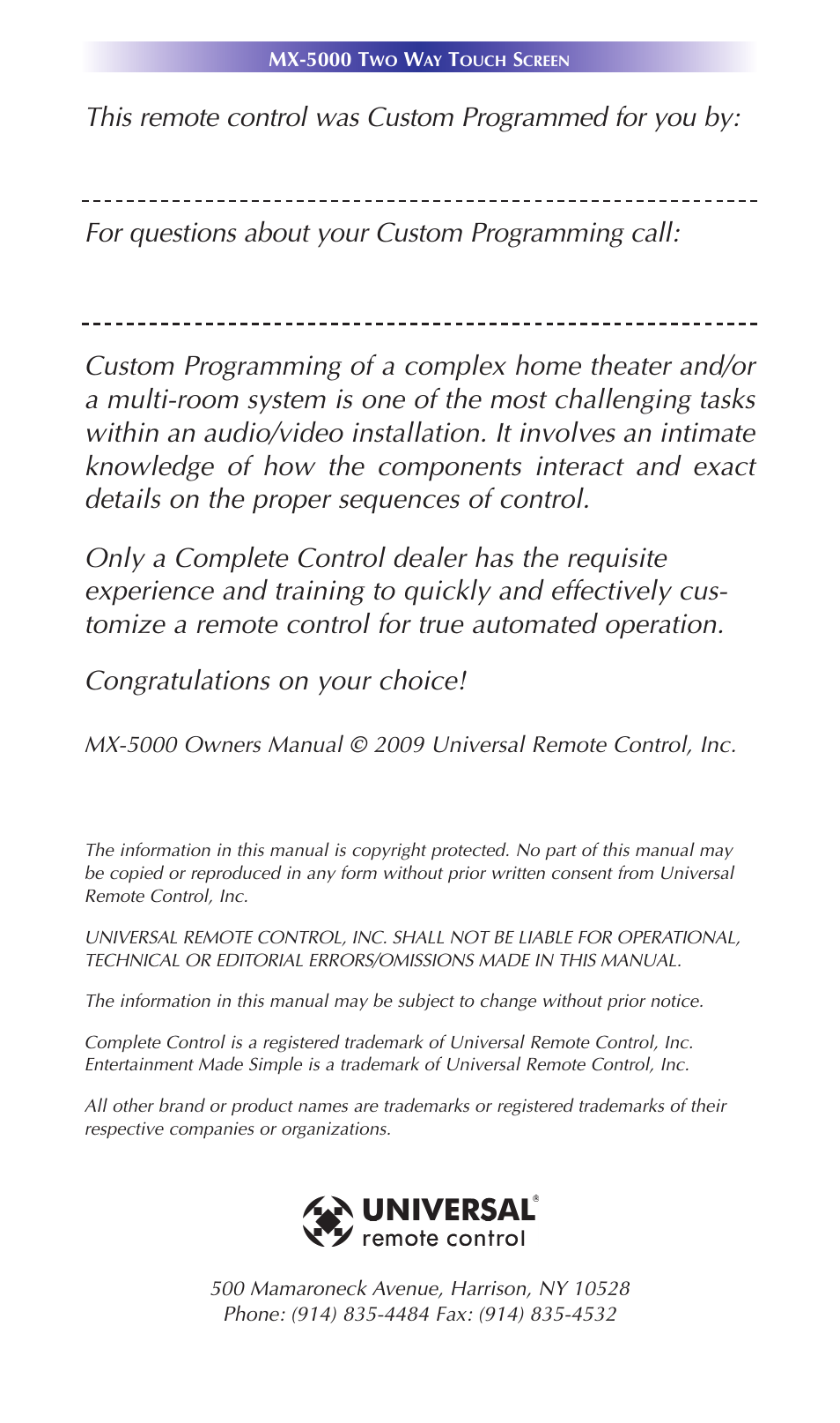 Universal Remote Control (URS) MX-5000 User Manual | Page 2 / 20