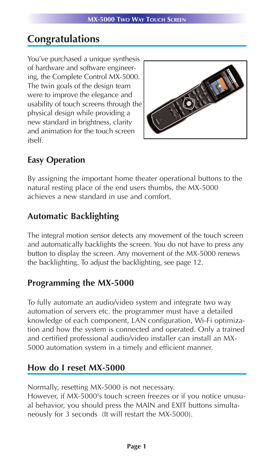 Easy operation, Automatic backlighting, Programming the mx-5000 | How do i reset mx-5000 | Universal Remote Control (URS) MX-5000 User Manual | Page 4 / 20