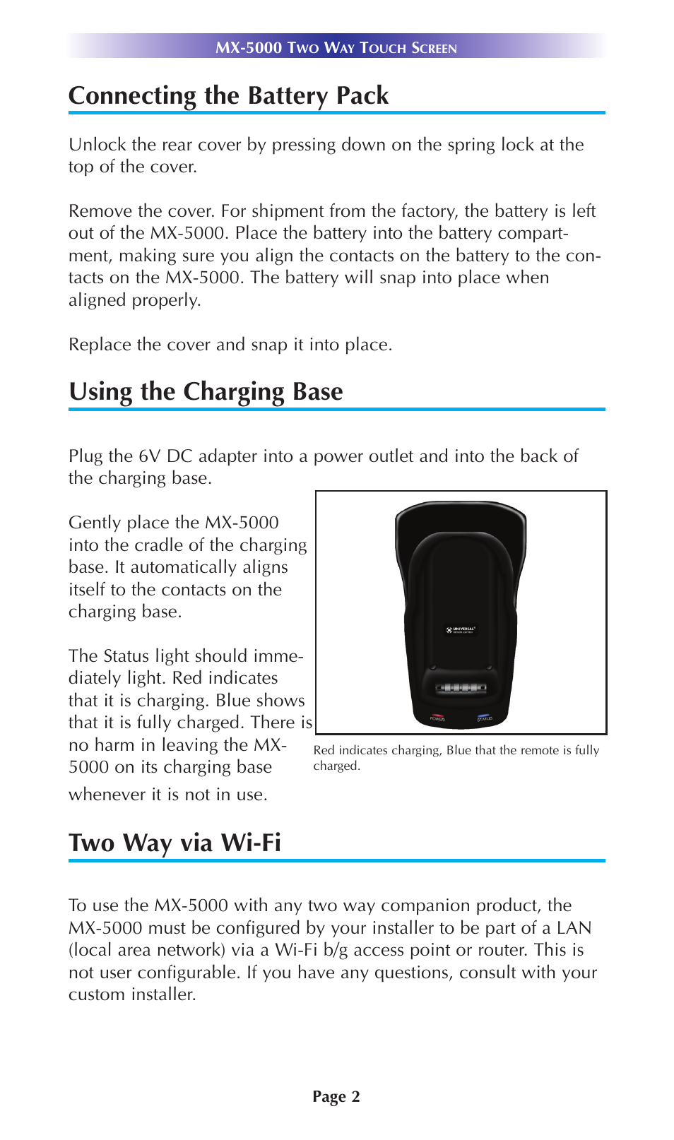 Connecting the battery pack, Using the charging base, Two way via wi-fi | Universal Remote Control (URS) MX-5000 User Manual | Page 5 / 20