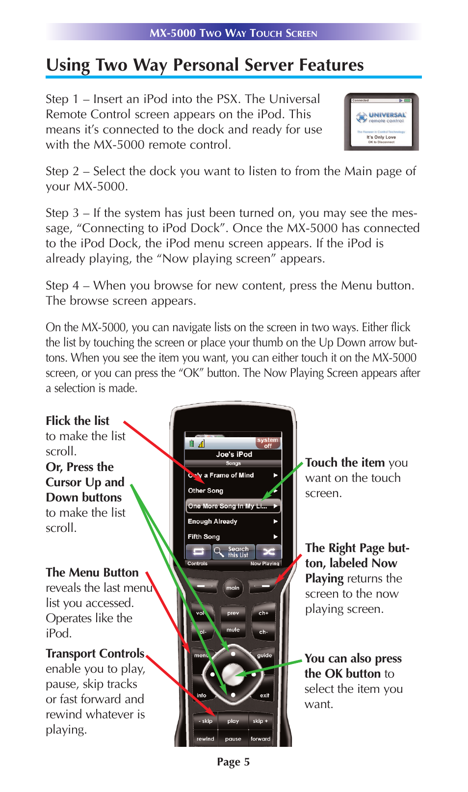 Using two way personal server features | Universal Remote Control (URS) MX-5000 User Manual | Page 8 / 20