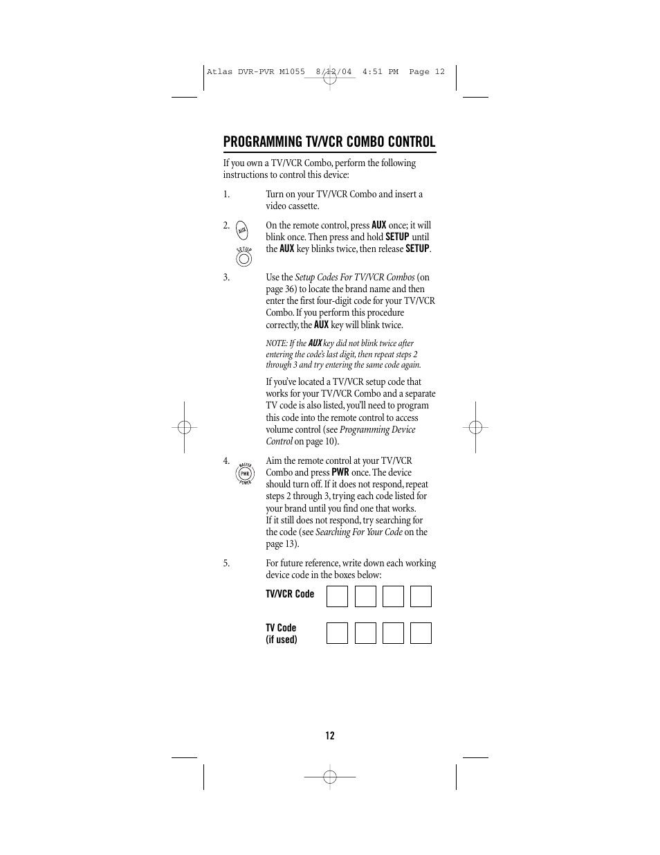 Programming tv/vcr combo control | Universal Remote Control (URS) Atlas M1055 User Manual | Page 12 / 40