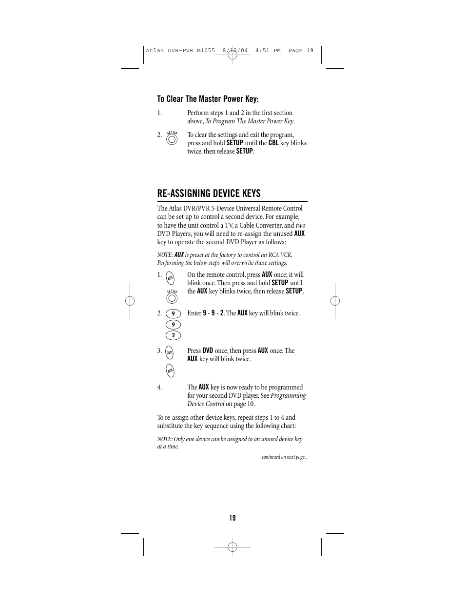 Re-assigning device keys | Universal Remote Control (URS) Atlas M1055 User Manual | Page 19 / 40