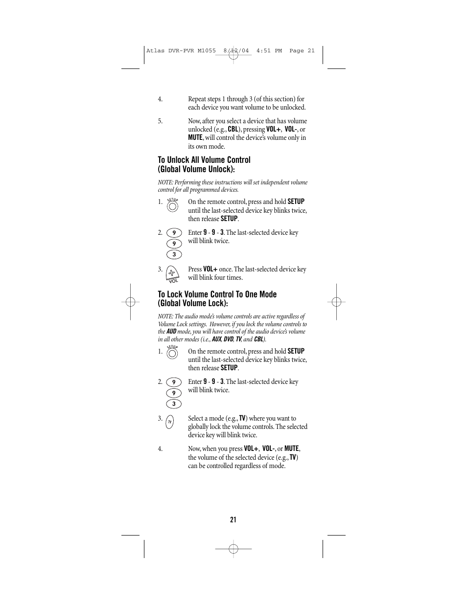 Universal Remote Control (URS) Atlas M1055 User Manual | Page 21 / 40