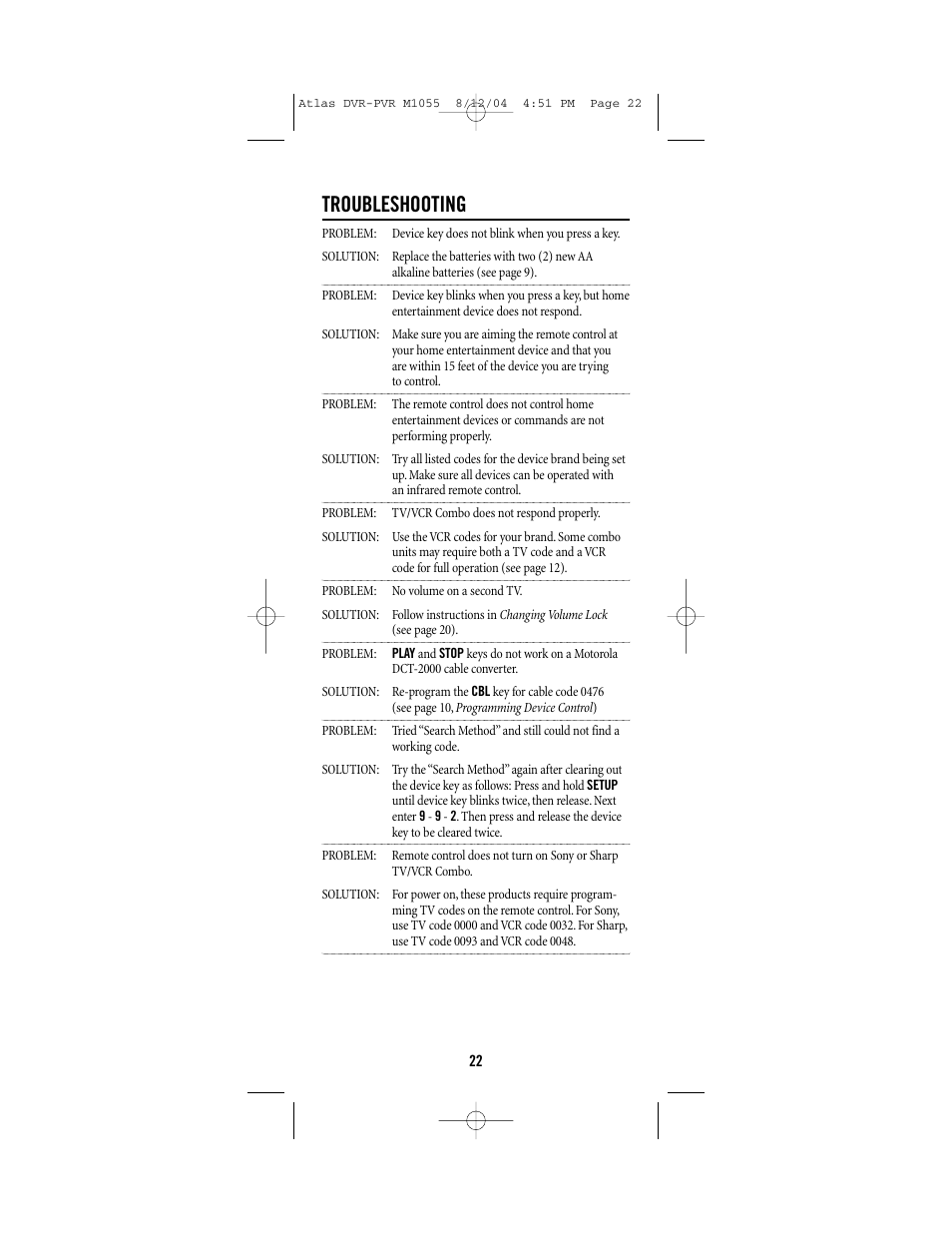 Troubleshooting | Universal Remote Control (URS) Atlas M1055 User Manual | Page 22 / 40