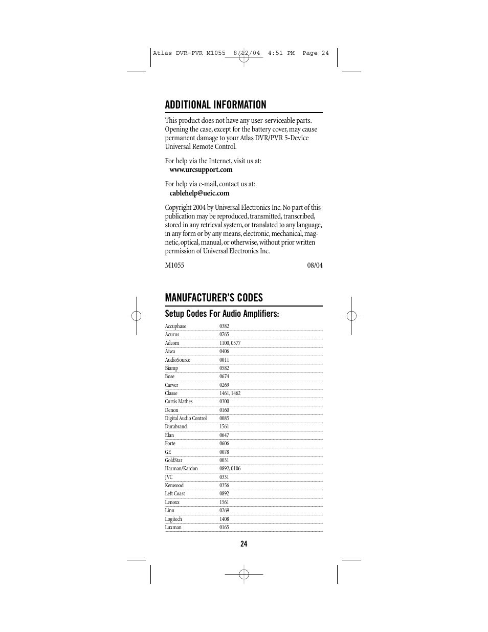 Additional information, Manufacturer’s codes, Setup codes for audio amplifiers | Universal Remote Control (URS) Atlas M1055 User Manual | Page 24 / 40