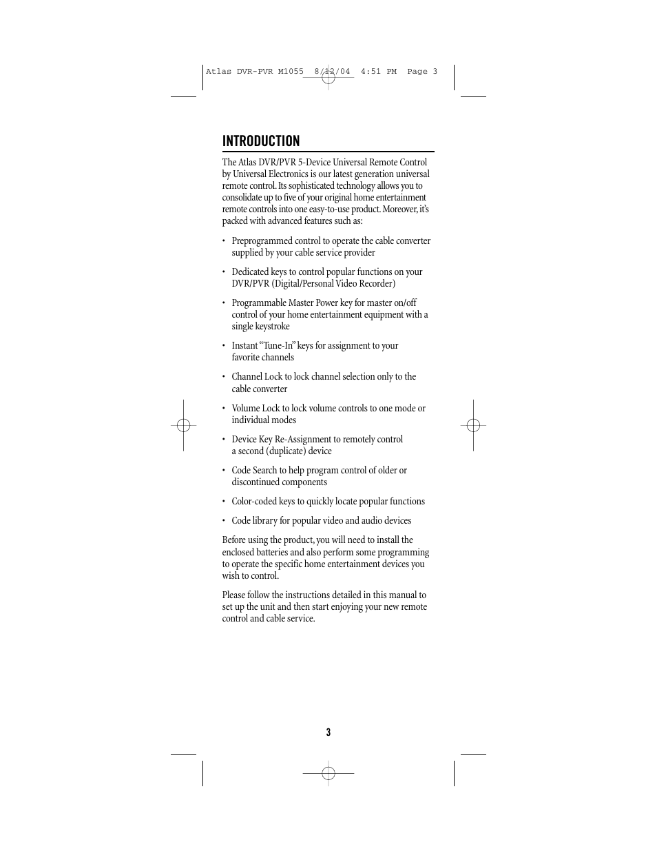 Introduction | Universal Remote Control (URS) Atlas M1055 User Manual | Page 3 / 40