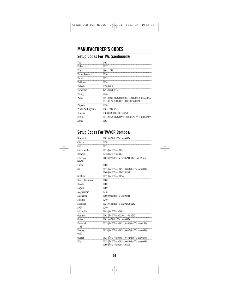 Manufacturer’s codes, Setup codes for tvs (continued), Setup codes for tv/vcr combos | Universal Remote Control (URS) Atlas M1055 User Manual | Page 36 / 40