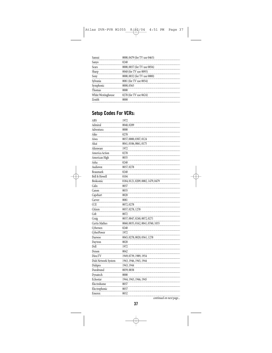 Setup codes for vcrs | Universal Remote Control (URS) Atlas M1055 User Manual | Page 37 / 40