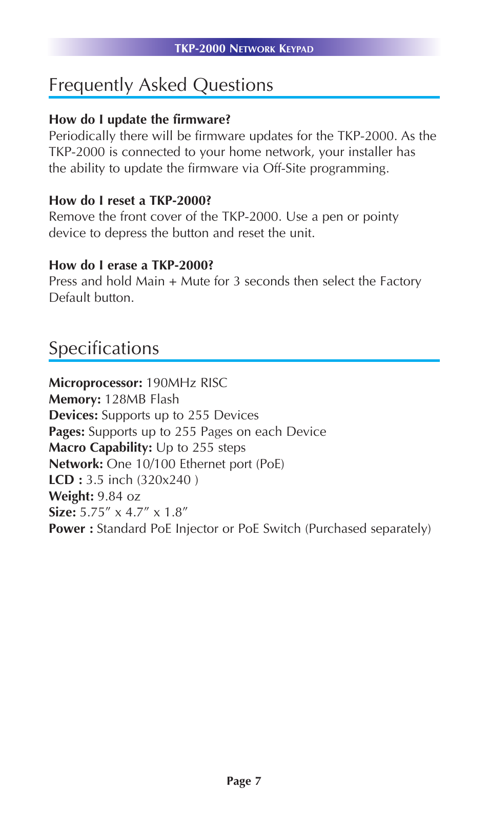 Frequently asked questions, Specifications | Universal Remote Control (URS) Network Keypad TKP-2000 User Manual | Page 10 / 20