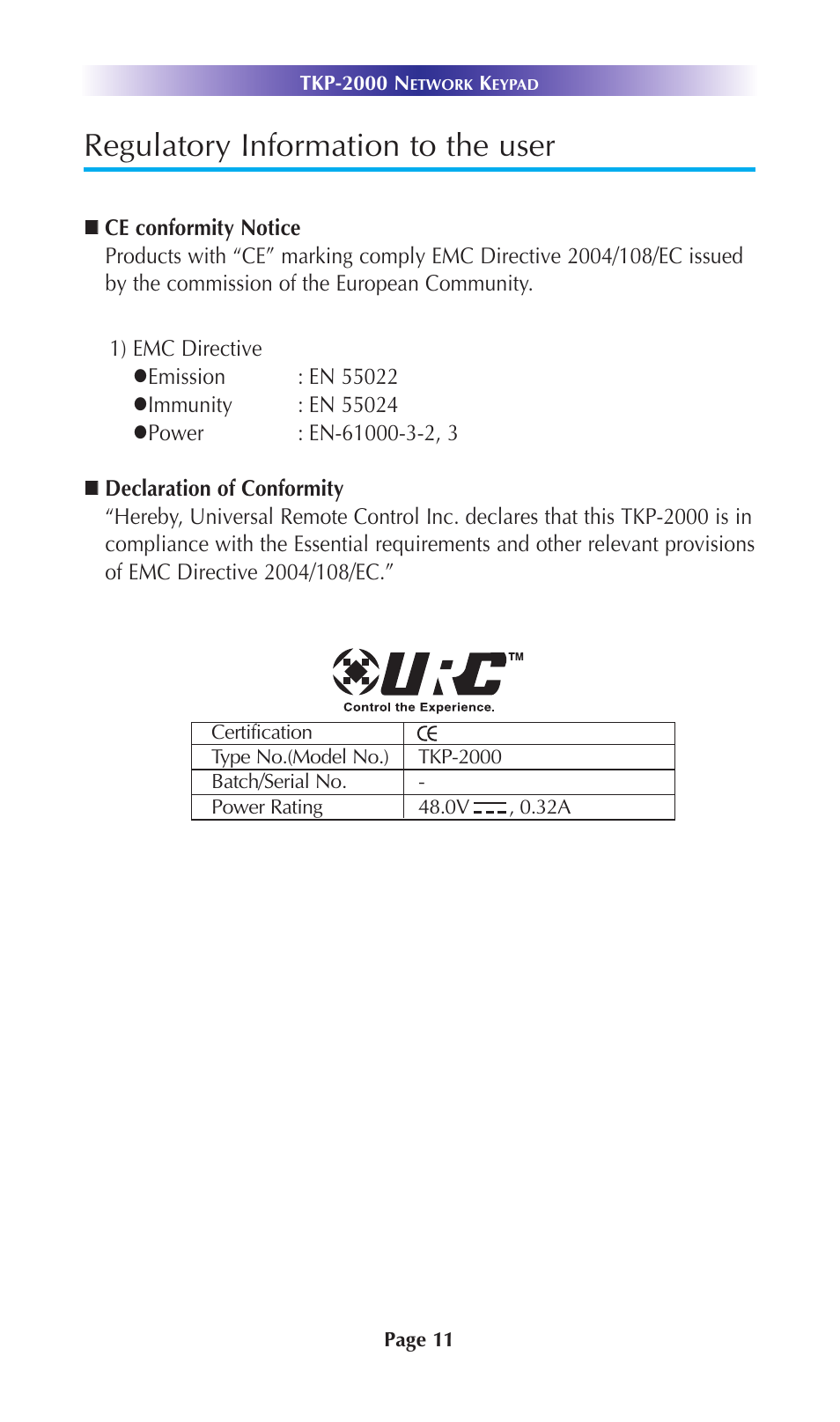 Regulatory information to the user | Universal Remote Control (URS) Network Keypad TKP-2000 User Manual | Page 14 / 20