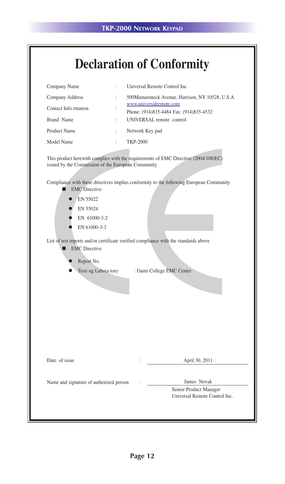 Declaration of conformity | Universal Remote Control (URS) Network Keypad TKP-2000 User Manual | Page 15 / 20
