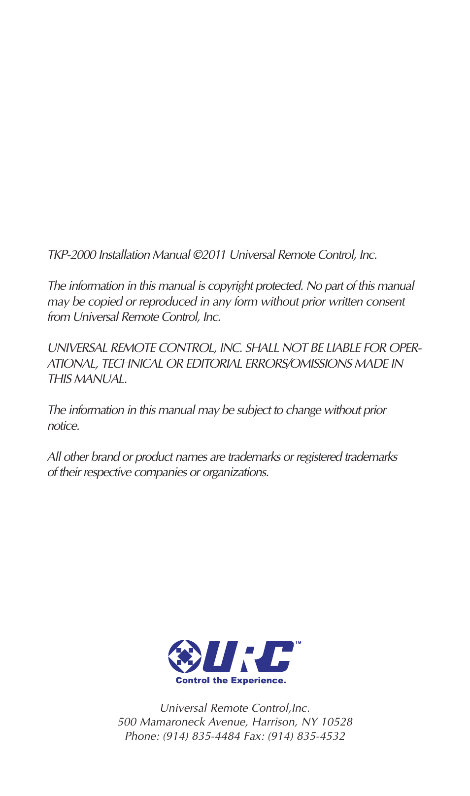 Universal Remote Control (URS) Network Keypad TKP-2000 User Manual | Page 2 / 20