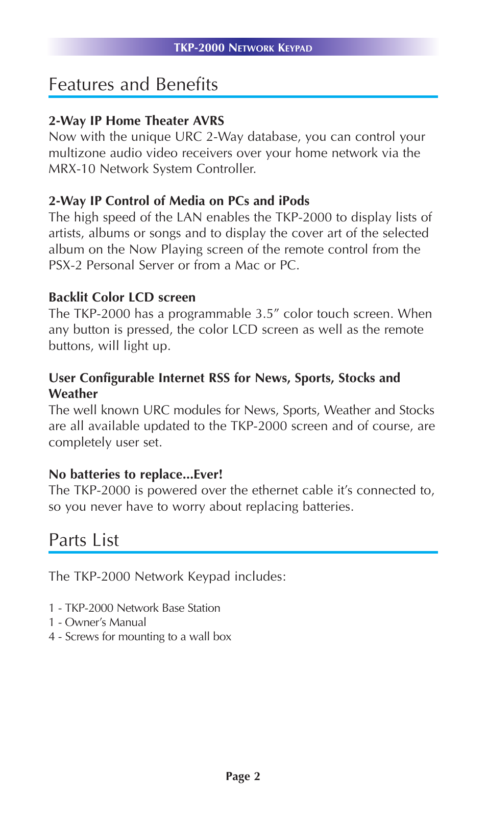 Features and benefits, Parts list | Universal Remote Control (URS) Network Keypad TKP-2000 User Manual | Page 5 / 20