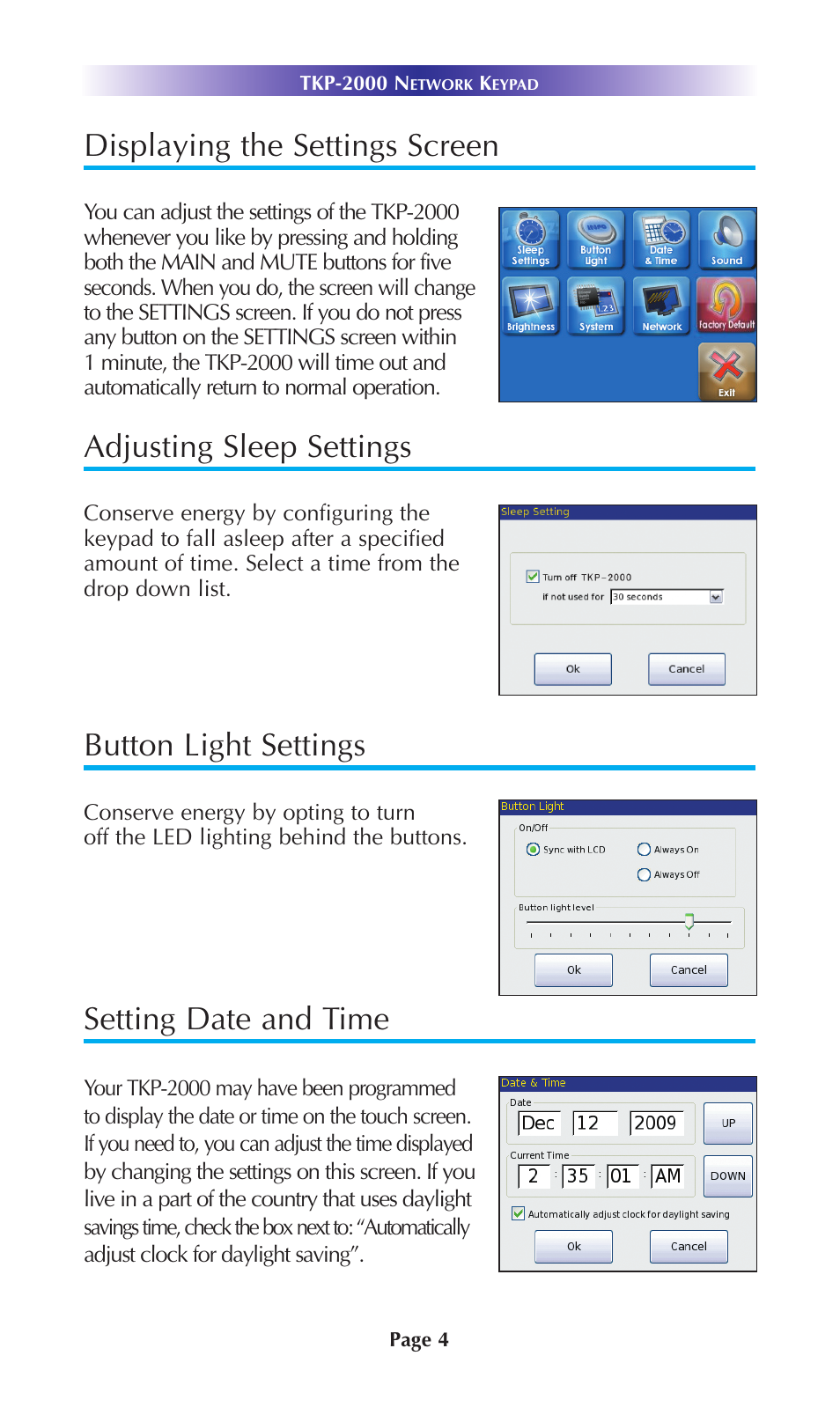 Displaying the settings screen, Adjusting sleep settings, Button light settings | Setting date and time | Universal Remote Control (URS) Network Keypad TKP-2000 User Manual | Page 7 / 20