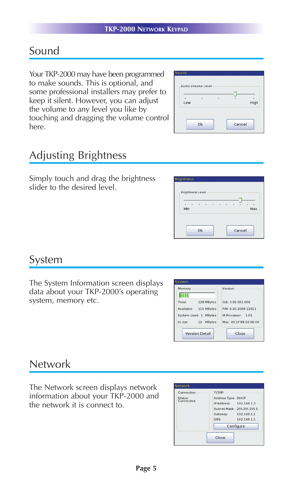 Sound, Adjusting brightness, System | Network | Universal Remote Control (URS) Network Keypad TKP-2000 User Manual | Page 8 / 20