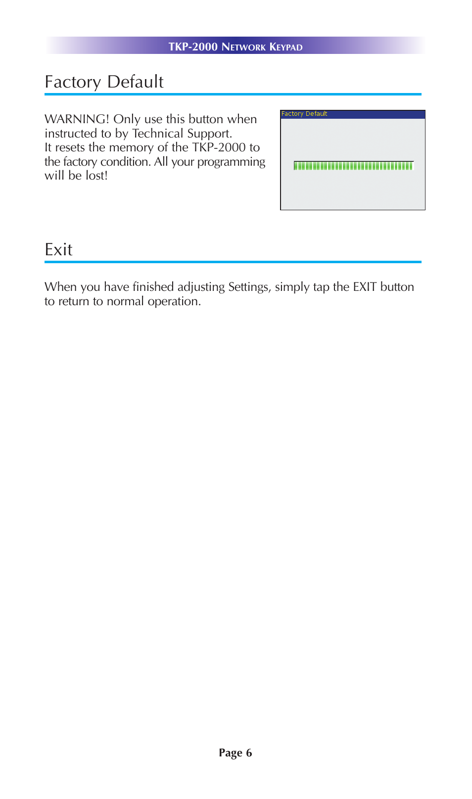 Factory default, Exit | Universal Remote Control (URS) Network Keypad TKP-2000 User Manual | Page 9 / 20