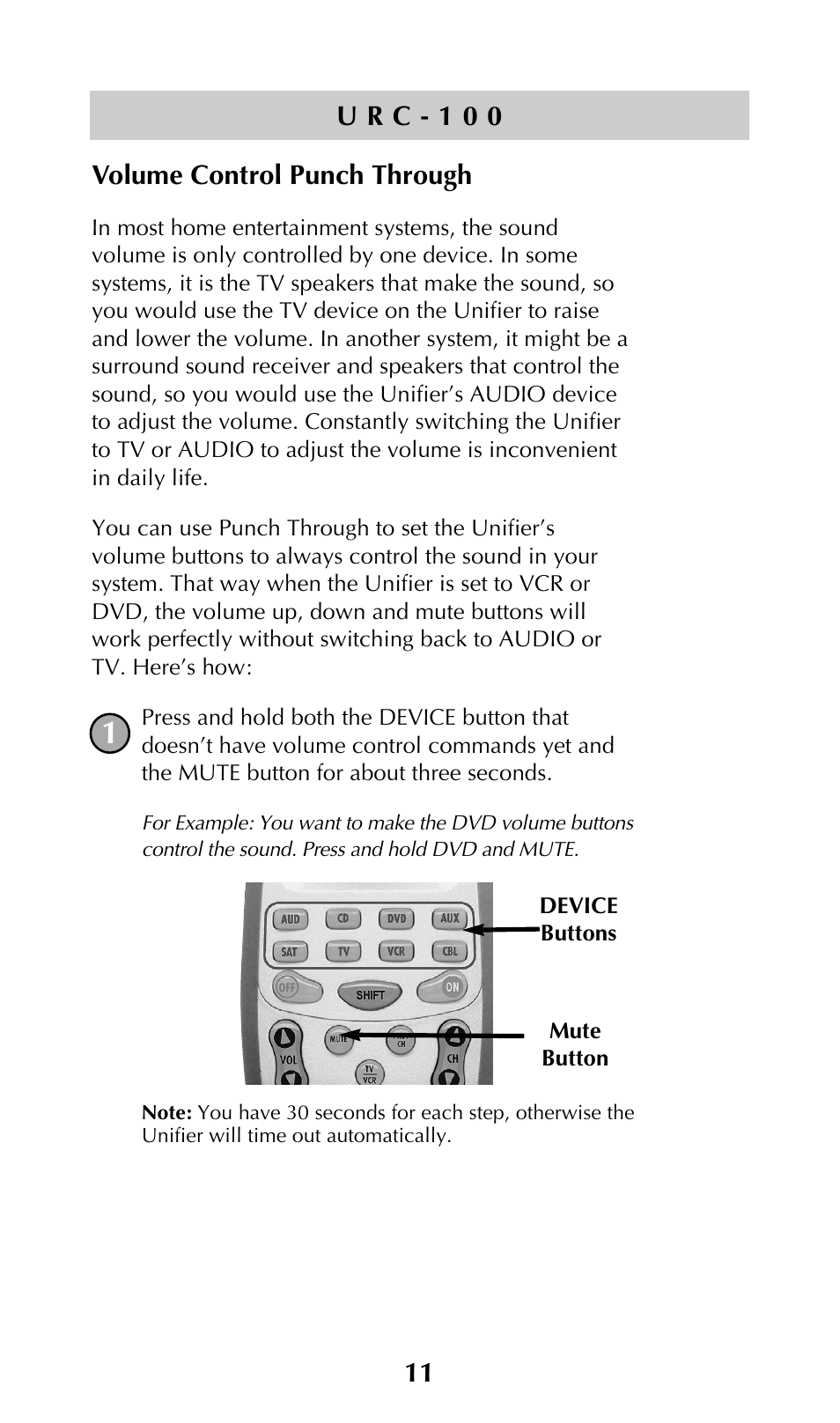 Volume control punch through | Universal Remote Control (URS) URC-100 User Manual | Page 13 / 54