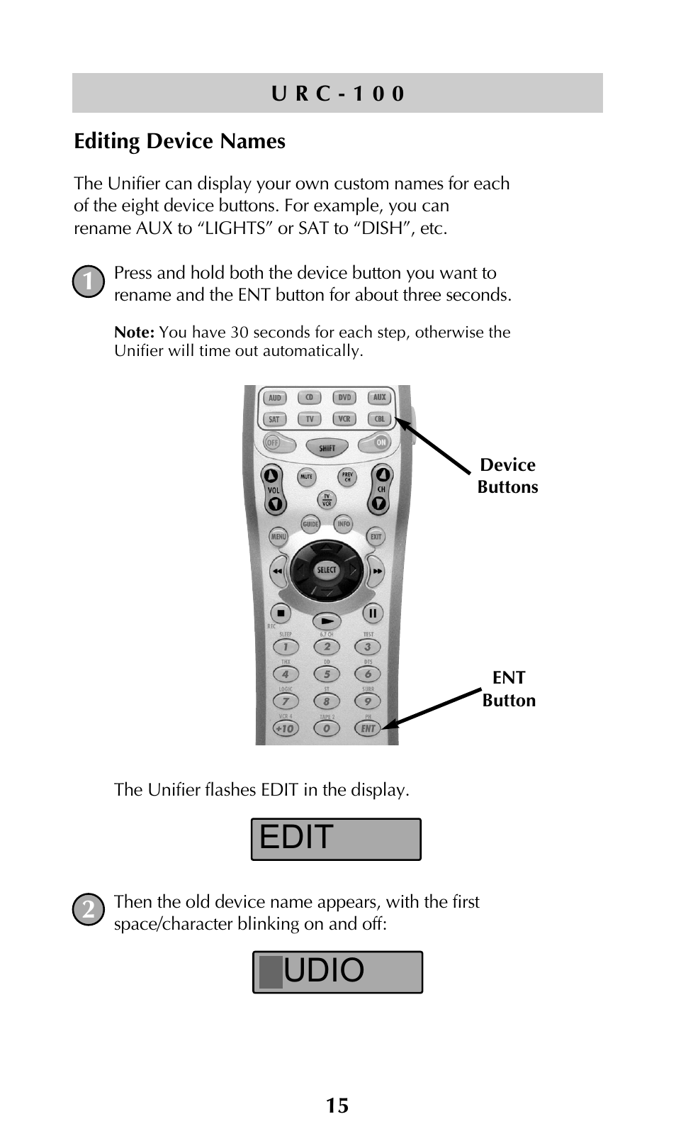 Editing device names, Edit audio | Universal Remote Control (URS) URC-100 User Manual | Page 17 / 54