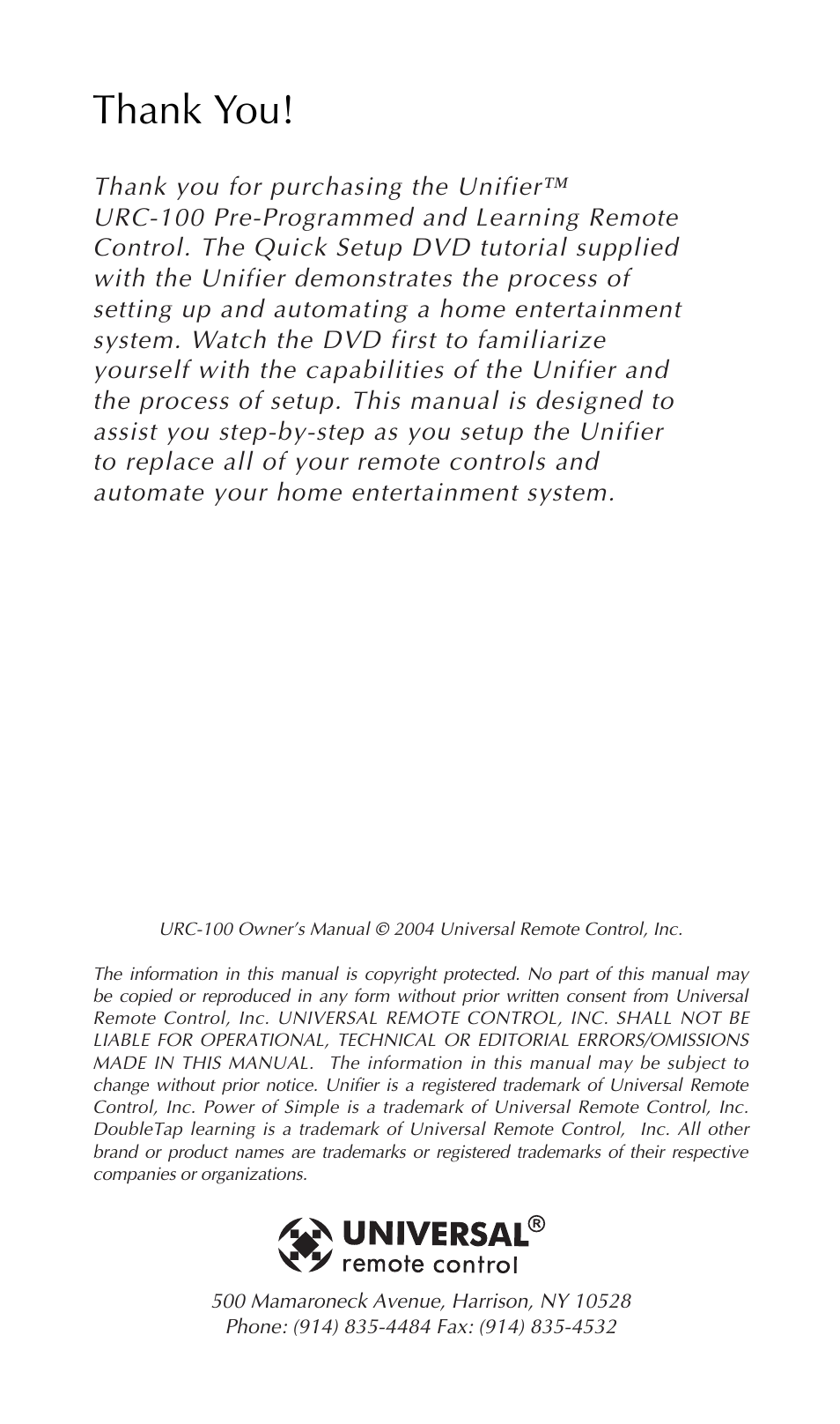 Universal Remote Control (URS) URC-100 User Manual | Page 2 / 54