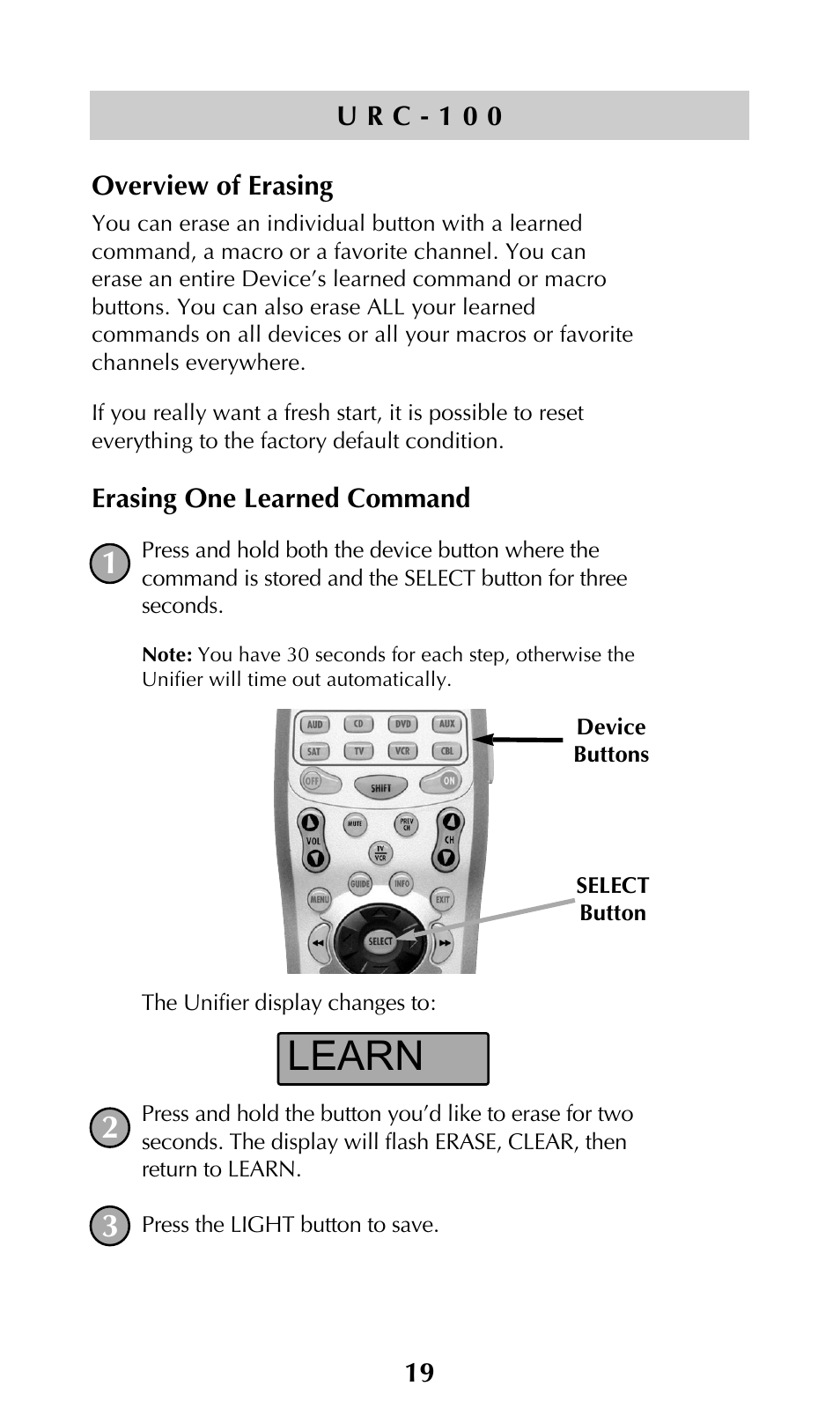 Overview of erasing, Learn | Universal Remote Control (URS) URC-100 User Manual | Page 21 / 54