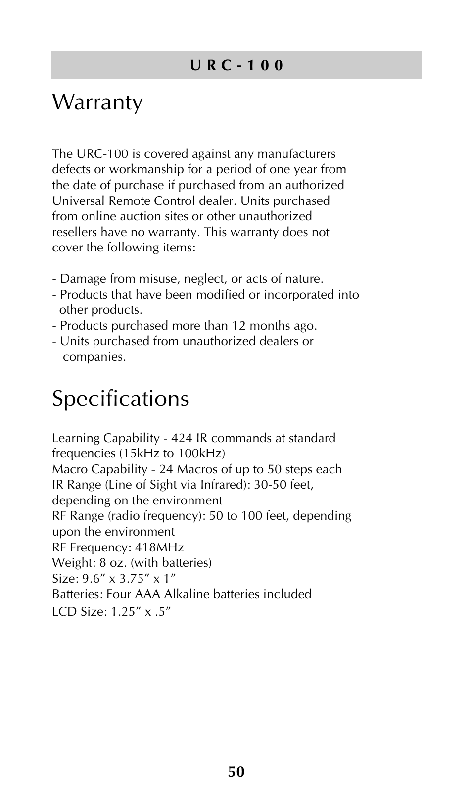 Specs, Warranty, Specifications | Universal Remote Control (URS) URC-100 User Manual | Page 52 / 54