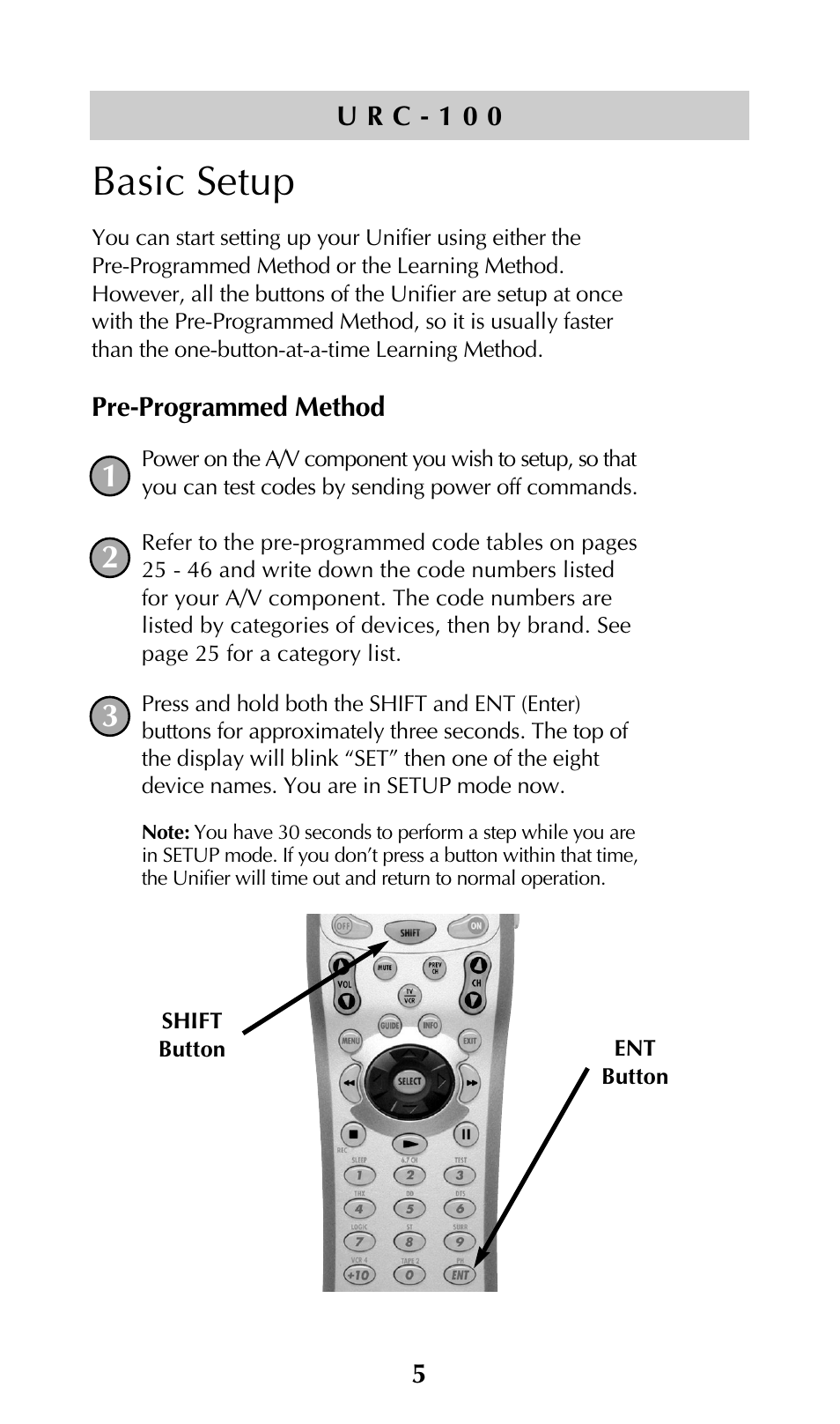 Basic setup, Pre-programmed method | Universal Remote Control (URS) URC-100 User Manual | Page 7 / 54