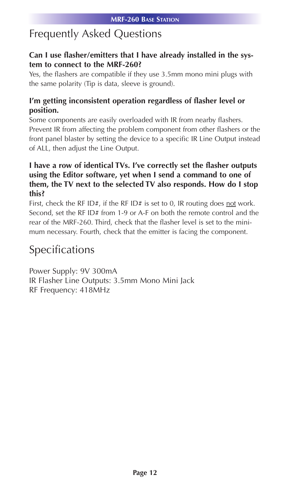 Frequently asked question, Specification, Frequently asked questions | Specifications | Universal Remote Control (URS) MRF-260 User Manual | Page 15 / 16