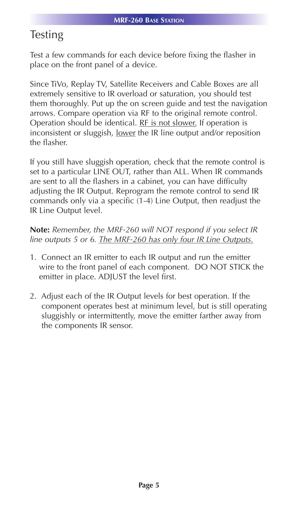 Testing | Universal Remote Control (URS) MRF-260 User Manual | Page 8 / 16