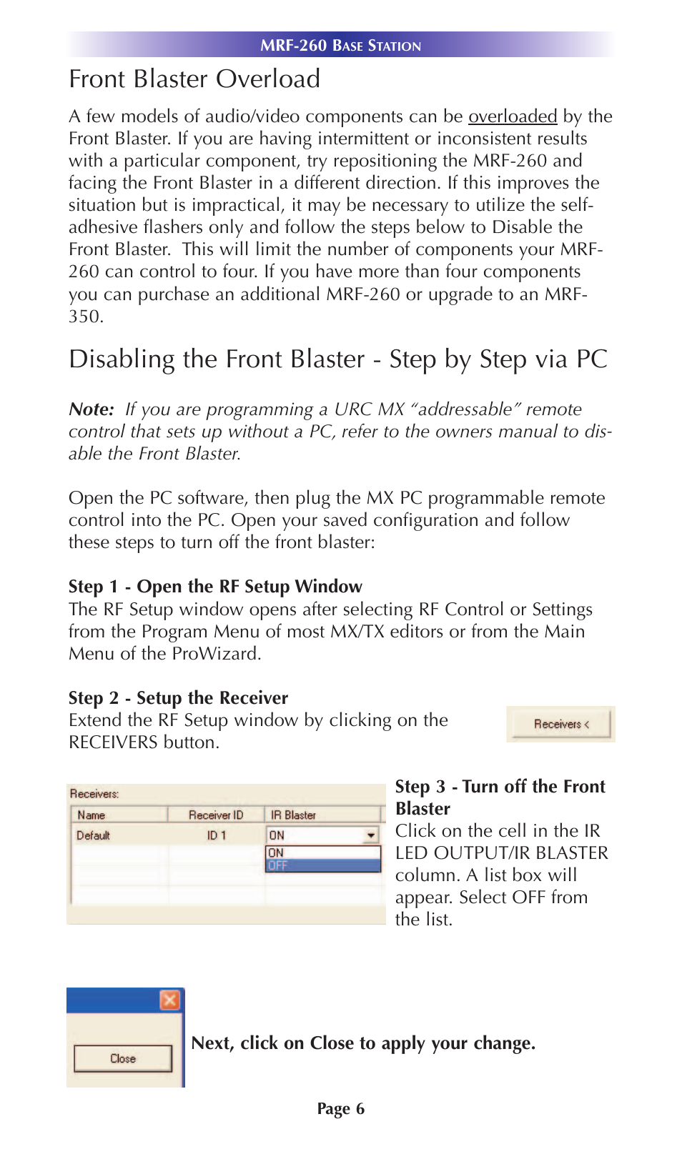 Front blaster overload, Disabling the front blaster - step by step via pc | Universal Remote Control (URS) MRF-260 User Manual | Page 9 / 16