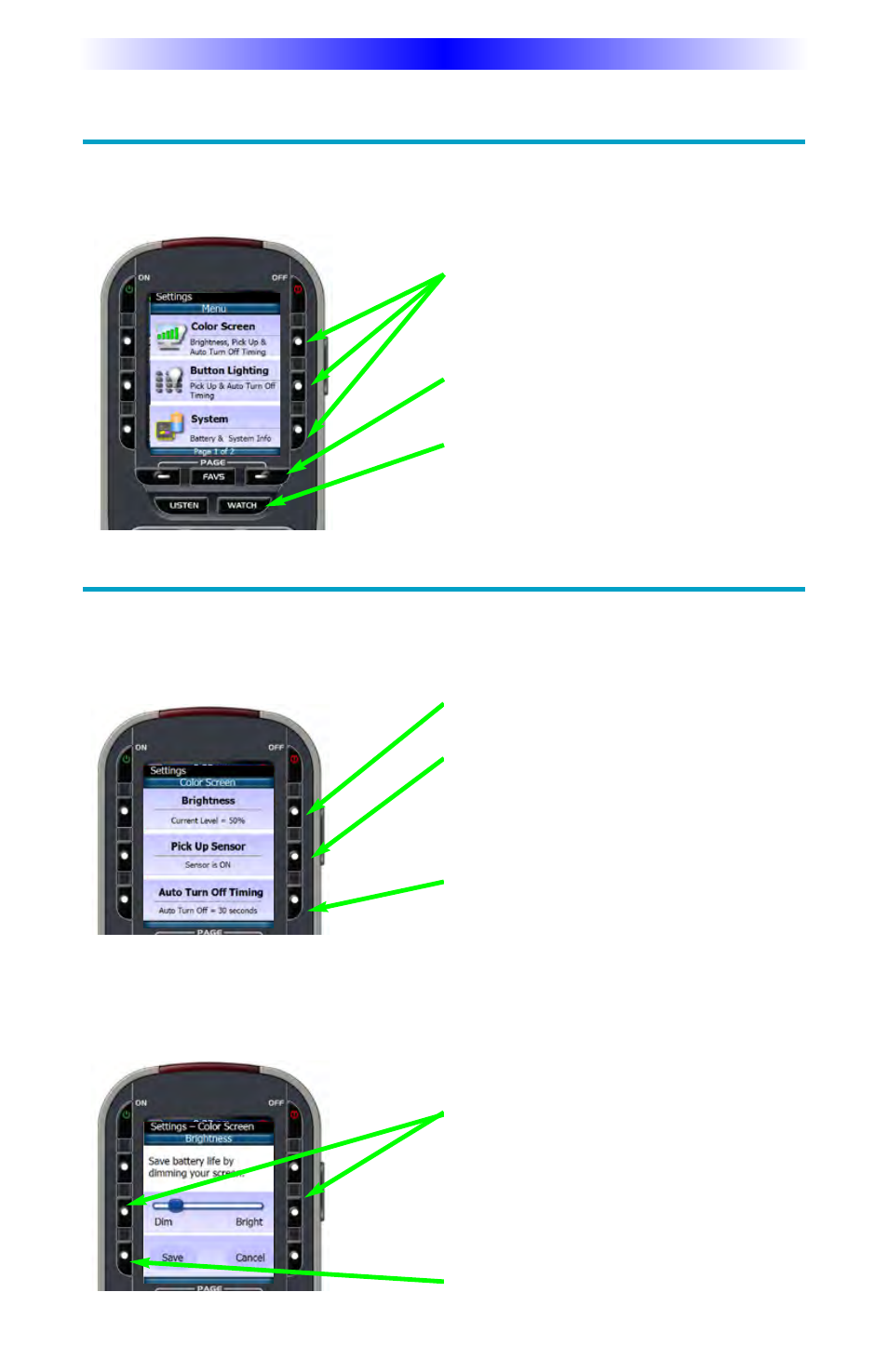 Selecting from the setup menus, Setting the color screen | Universal Remote Control (URS) MX-880Z User Manual | Page 11 / 20