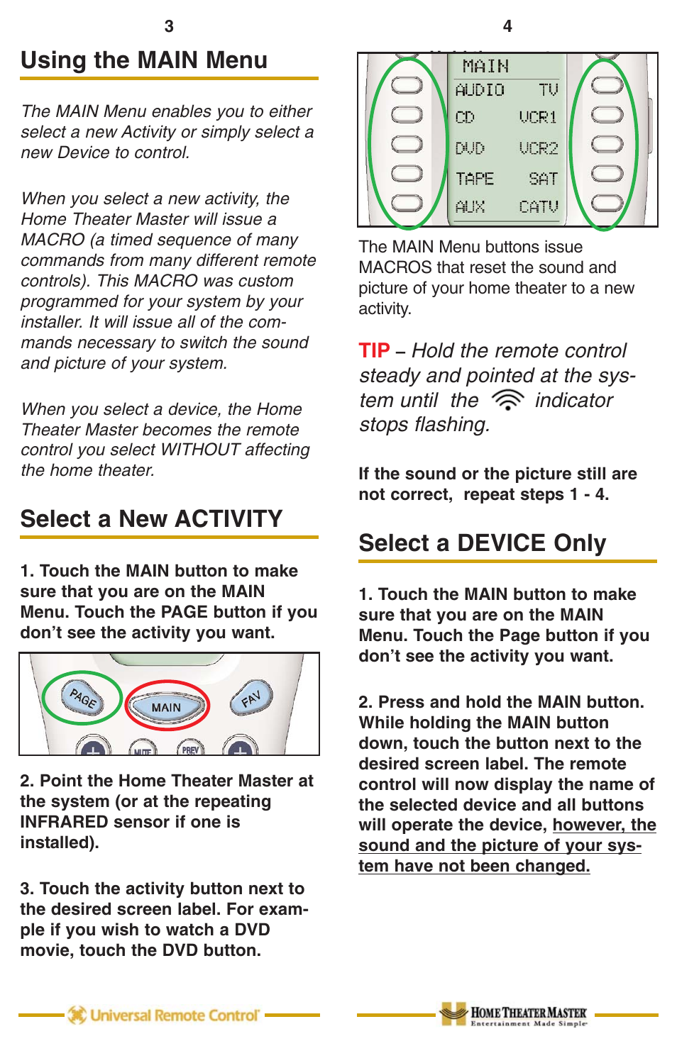 Using the main menu, Select a new activity, Select a device only | Using the main menu 3, Select a new activity 3 | Universal Remote Control (URS) MX-700 User Manual | Page 4 / 9