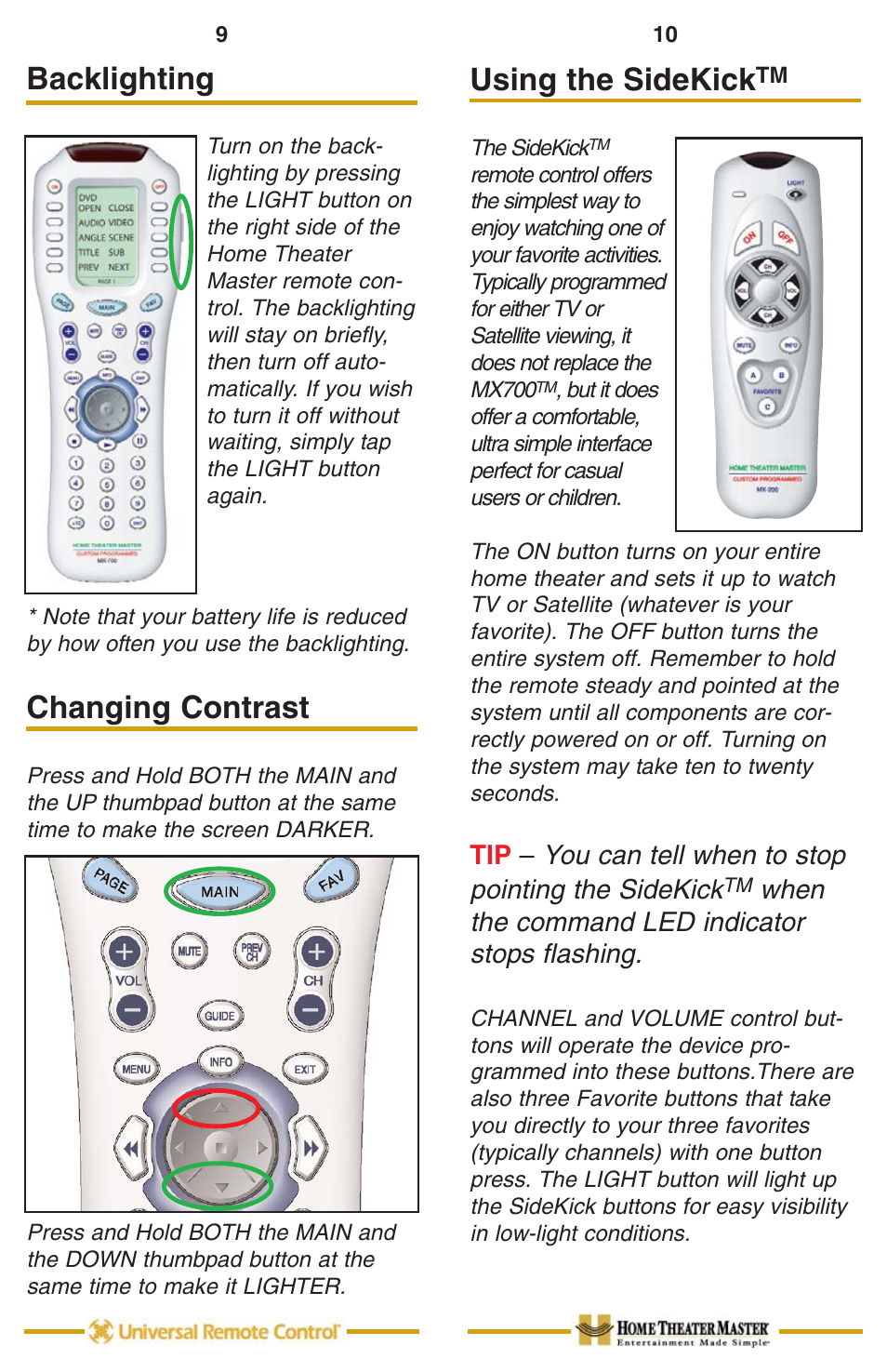 Backlighting, Changing contrast, Using the sidekicktm | Backlighting 9, Using the sidekick | Universal Remote Control (URS) MX-700 User Manual | Page 7 / 9