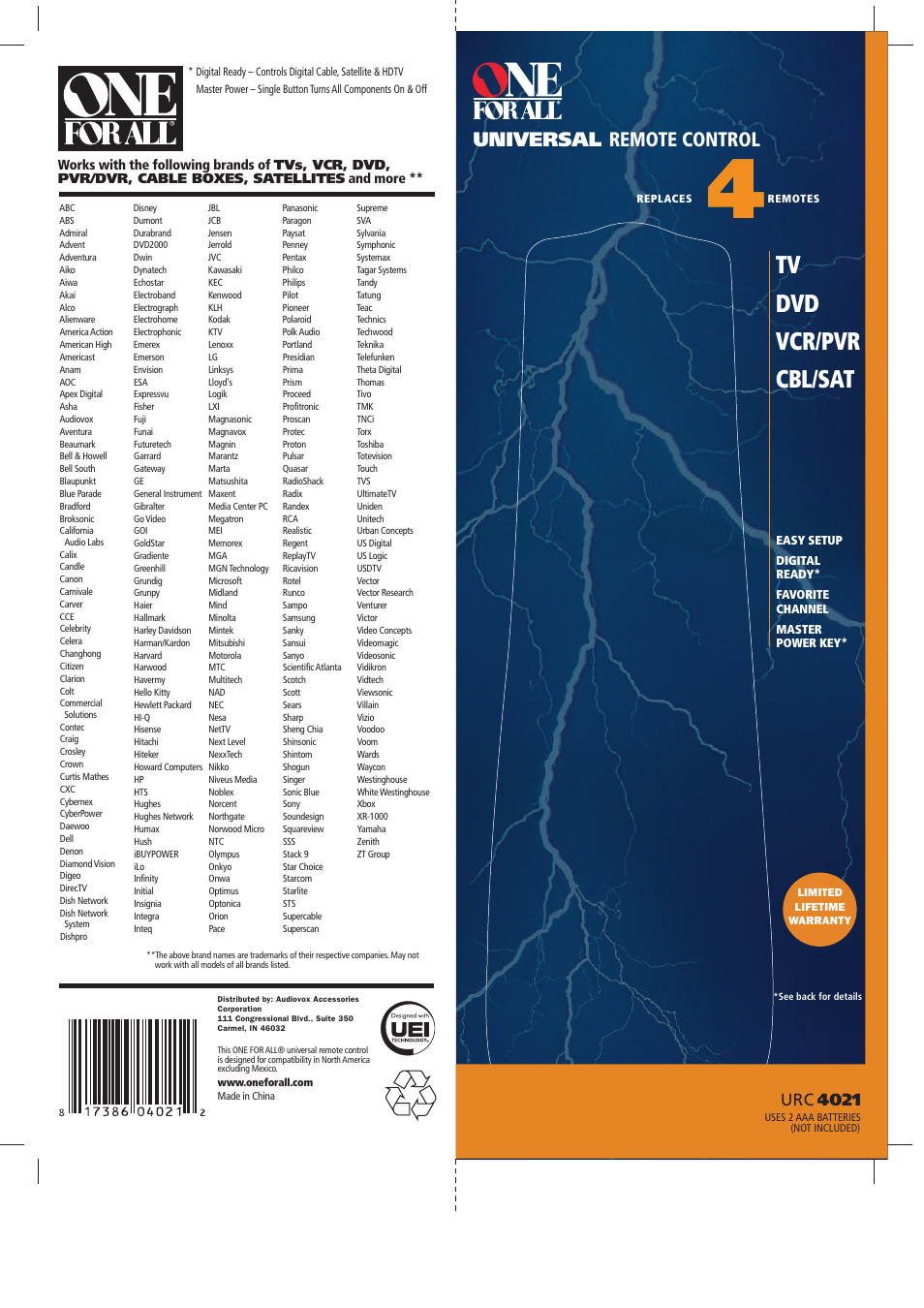 Universal Remote Control (URS) ONE FOR ALL URC 4021 User Manual | 23 pages