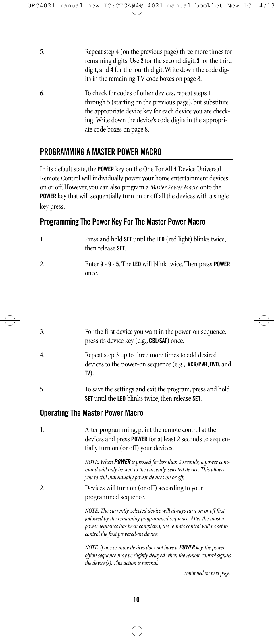 Programming a master power macro | Universal Remote Control (URS) ONE FOR ALL URC 4021 User Manual | Page 10 / 23