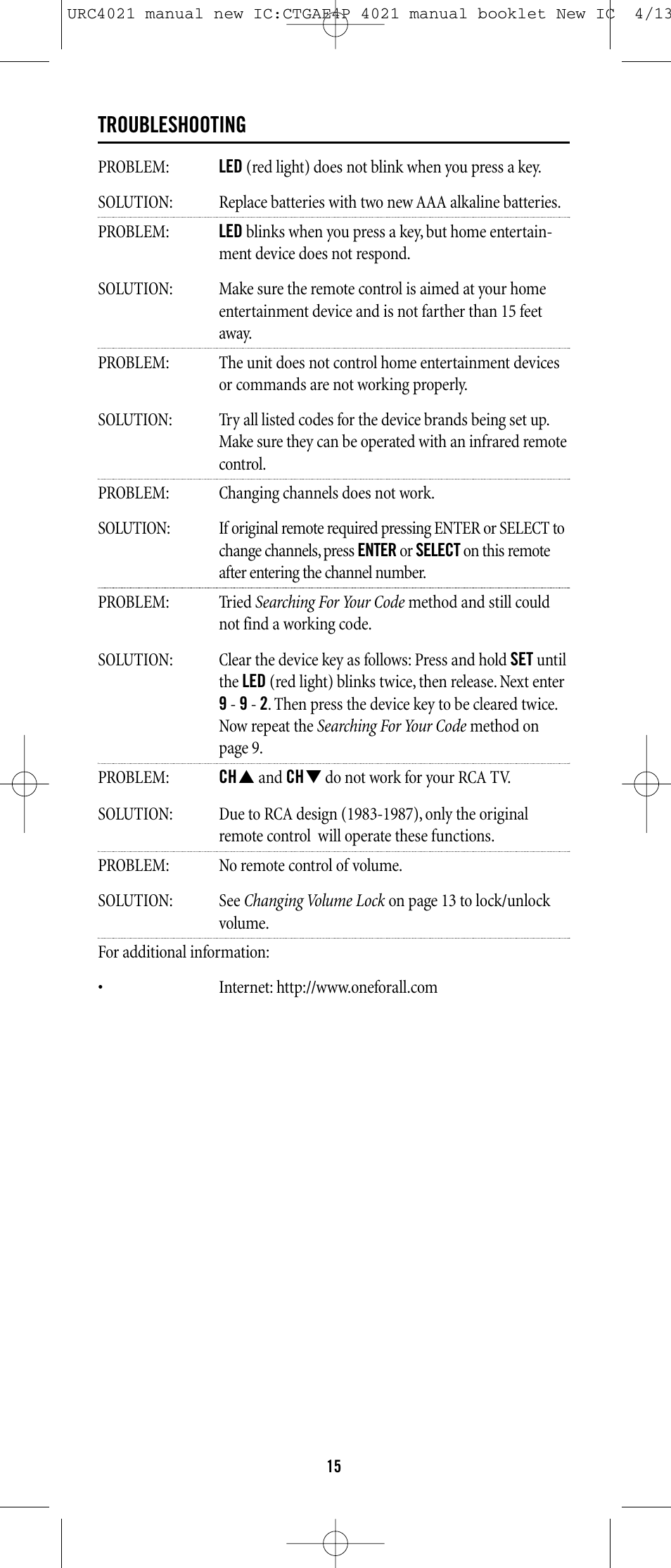 Troubleshooting | Universal Remote Control (URS) ONE FOR ALL URC 4021 User Manual | Page 15 / 23