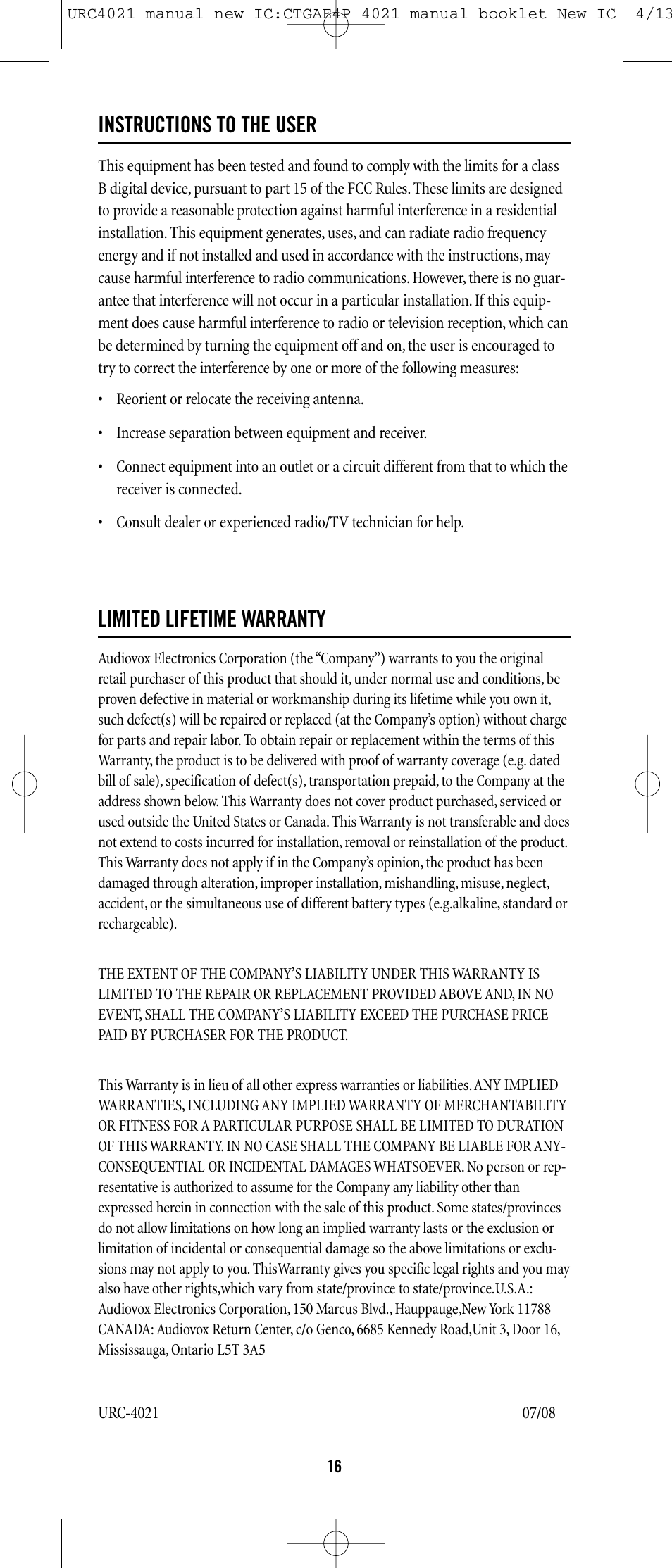 Instructions to the user, Limited lifetime warranty | Universal Remote Control (URS) ONE FOR ALL URC 4021 User Manual | Page 16 / 23