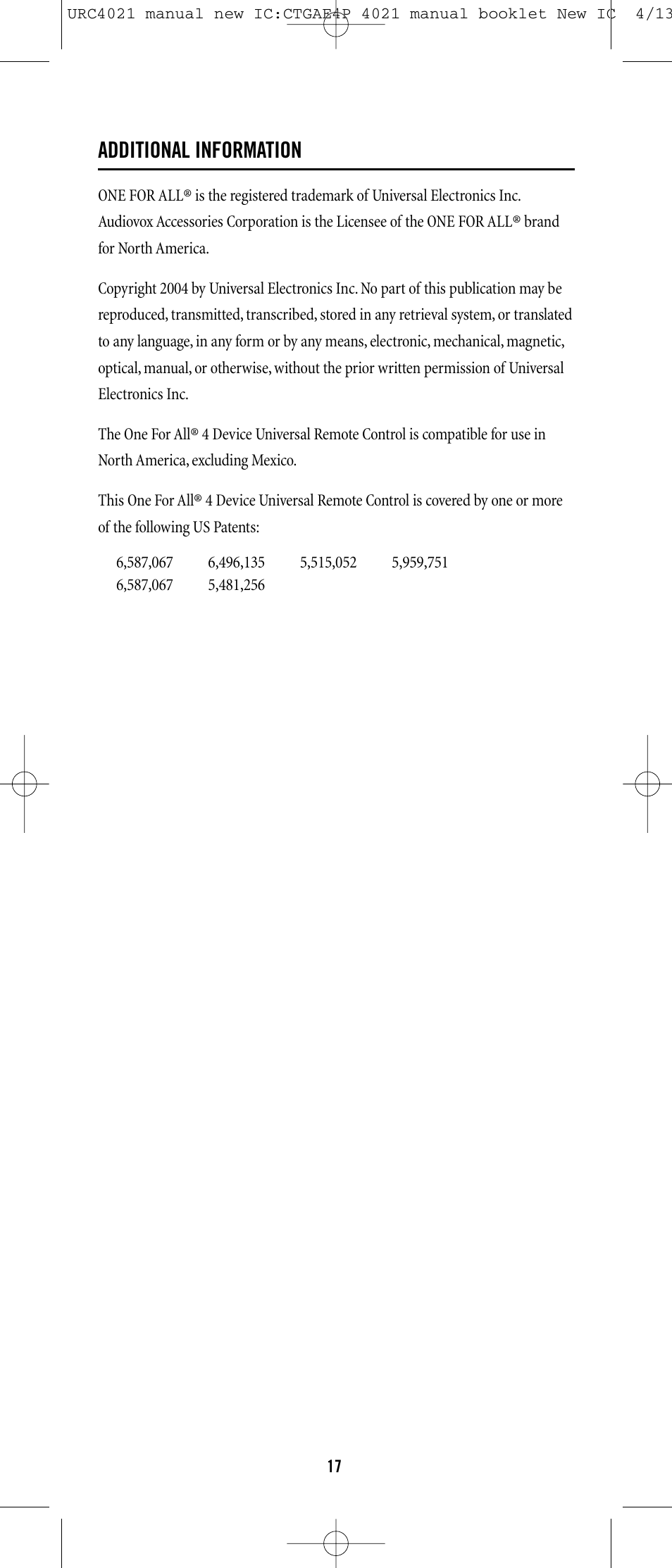 Additional information | Universal Remote Control (URS) ONE FOR ALL URC 4021 User Manual | Page 17 / 23