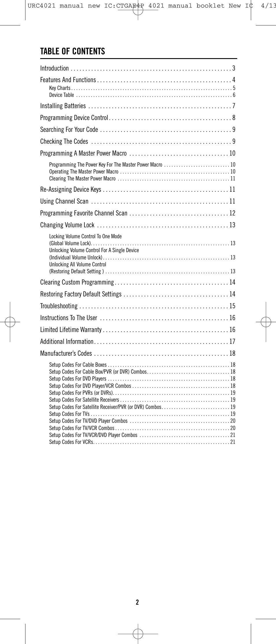 Universal Remote Control (URS) ONE FOR ALL URC 4021 User Manual | Page 2 / 23