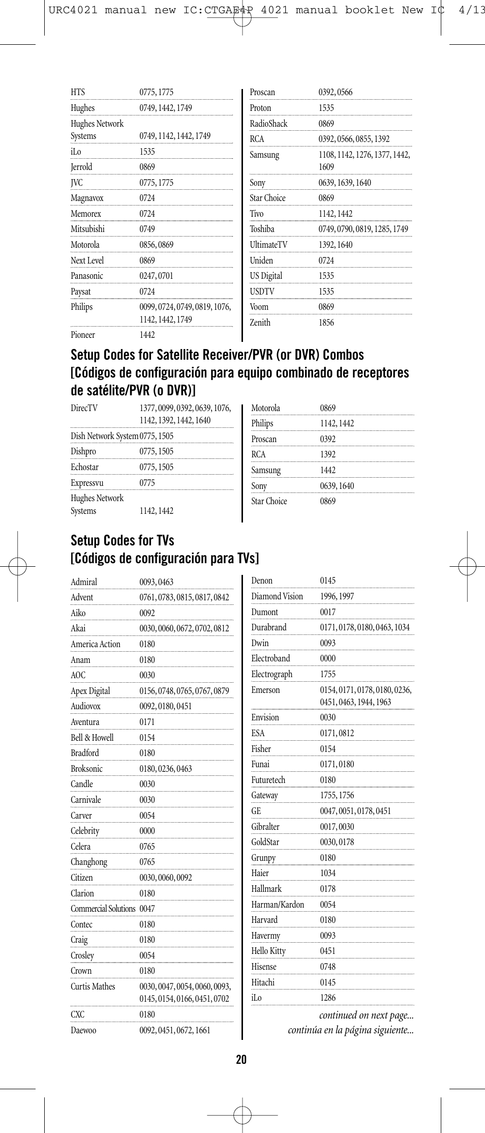 Universal Remote Control (URS) ONE FOR ALL URC 4021 User Manual | Page 20 / 23